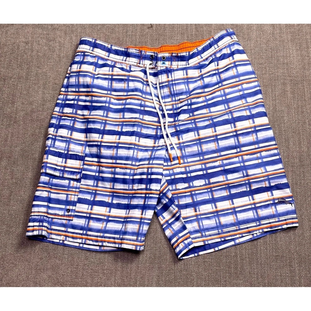 Tommy Bahama Board Shorts Mens Large Blue Orange Plaid Elastic Waist Outdoor